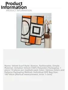 Detailed size specifications and material chart for the geometric velvet long shawl scarf