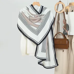 Elegant geometric linear pattern shawl scarf in black, white and beige colors