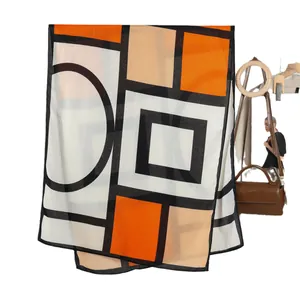 Contrast geometric velvet shawl scarf for women in bright orange and beige tones