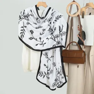 Elegant floral print long scarf for women, white lightweight shawl with black botanicals