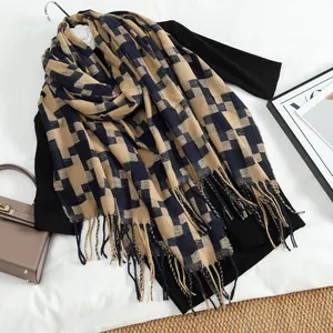 Thick vintage houndstooth tassel scarf in coffee and blue for winter warmth