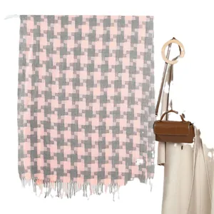 Pink and grey houndstooth scarf with tassels, thick warm winter shawl for women
