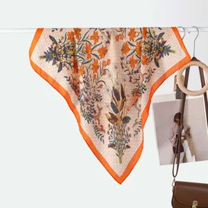 Retro floral silk square scarf with orange lily prints and elegant beige background