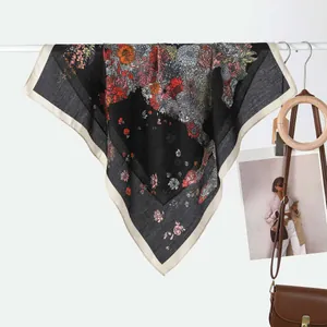 Elegant black floral silk scarf with beige borders and vintage botanical prints