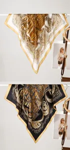 Detail of vintage Roman print square silk scarves showing gold floral architectural patterns