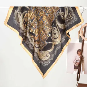 Vintage Roman style square silk scarf with gold horse print and black border for women