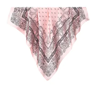 Pink paisley printed silk scarf for women featuring vintage ethnic patterns on white background