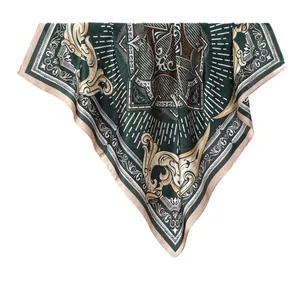 Vintage Roman style square silk scarf with gold baroque prints and emerald green finish