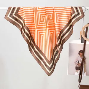 70cm elegant geometric Greek key pattern silk-like scarf in orange and brown tones