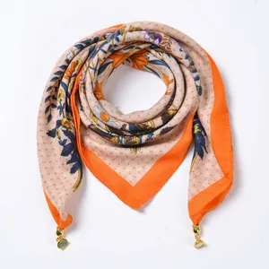 Floral velvet warm square scarf with daisy print, magnetic clasp, and gold bells