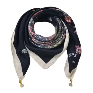 Navy floral velvet square scarf with magnetic buckle and golden metal pendants