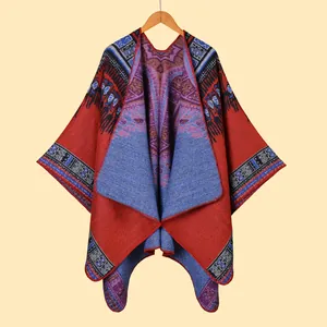 Women Abstract Ethnic Geometric Poncho Shawl Cashmere-Like Thickened Split Cape Winter Warm Fashion Outerwear Wrap