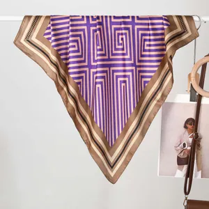 Elegant 70cm silk scarf with geometric maze pattern and satin finish in purple and brown