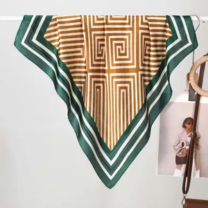 Women Elegant Geometric Maze Print Satin Square Scarf Minimalist Fashion Neck Wrap Uniform Matching Accessory Head Scarf