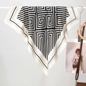 70cm elegant black and white geometric silk scarf with minimalist line print for women