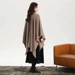 Elegant solid camel wool-blend cape shawl with side ties and irregular raw edge hem