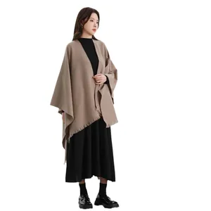 Elegant camel thickened women's shawl cape with side ties and fine fringe detail