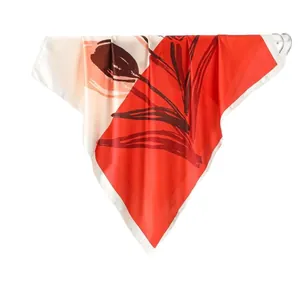 Satin silk neck scarf with red tulip floral and geometric pattern for women's accessory
