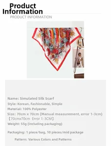 Detail of 70x70cm floral print polyester scarf showing 100% material tag and size info