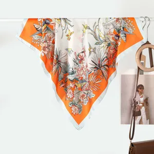 Orange and white floral silk square scarf with tropical palm leaves and hummingbirds