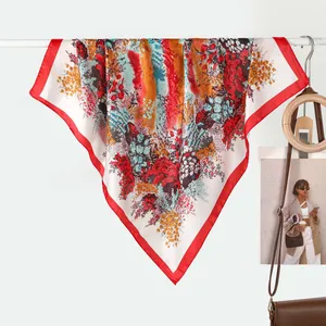Elegant Floral Print Satin Square Scarf For Women Lightweight Silk Like Fashion Headscarf Neck Scarf For Travel Party Daily Accessory