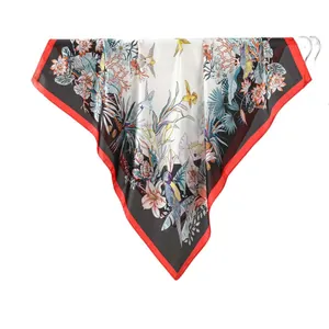 Women's 70cm square silk scarf with vibrant tropical floral and parrot print design