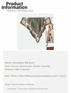 Detail view of 70x70cm green plaid silk-feel scarf with elegant golden chain print