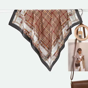 Retro British style 70cm silk square scarf with plaid and chain print pattern