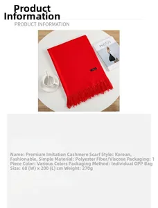 Detail showing red cashmere feel scarf specifications 68x200cm and 270g weight info