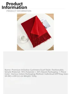 Detailed size specifications for a red faux cashmere tassel scarf measuring 68x200cm