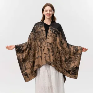 Women Double Sided Jacquard Poncho Shawl Front Split Warm Imitation Cashmere Cape Abstract Geometric Pattern Wrap For Winter Office