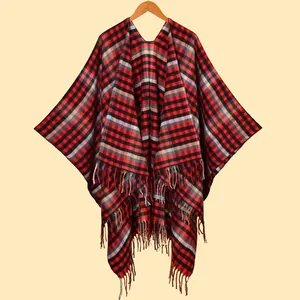 Poncho Châle à Carreaux pour Femmes Avec Gland Chaud Type Cachemire Cape Fendue pour Fête de Noël Vêtements Quotidiens