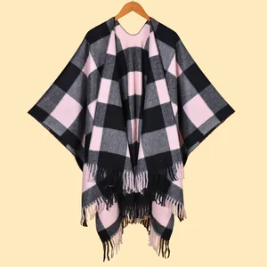 Damen Karo Schal Poncho Cape Quasten Warm Kaschmir Imitat Lässig Offene Vorderseite Karo Mode Oberbekleidung Für Herbst Winter