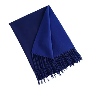 Classic deep royal blue cashmere-feel scarf with elegant long fringes for women