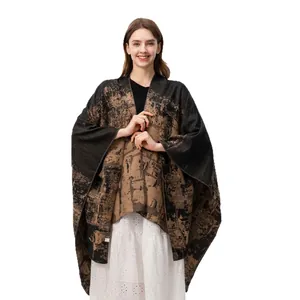 Women's warm double-sided jacquard poncho shawl with a stylish brown and black pattern