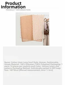 Detailed view of heart and polka dot printed scarf with product specifications