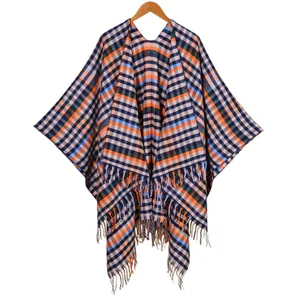 Poncho à carreaux vintage pour femmes avec franges colorées et ouverture en col V