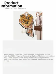 Detail view of 180x85cm paisley printed scarf with size specs and material info