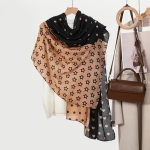 Women's cotton linen scarf with star and polka dot pattern in black and khaki