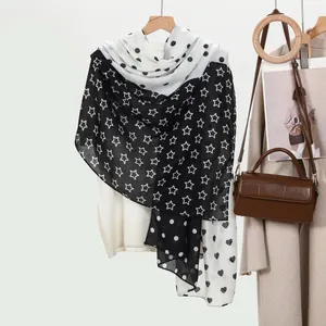 Long patchwork scarf for women with stars, dots and hearts print in classic black and white