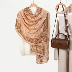 Vintage paisley print long scarf in camel and brown tones for beach and fashion wear