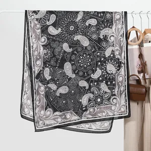 Lightweight vintage paisley print scarf for women in classic black and white tones