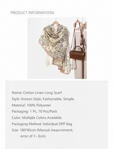 Detail showing paisley print scarf dimensions 180x85cm and 100% polyester material info
