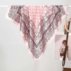 Pink paisley silk satin square scarf with black bohemian print for women accessory
