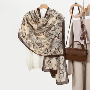 Women vintage paisley print scarf in cream white and brown, large fashion shawl wrap