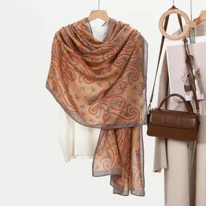 Elegant paisley printed oversized cashmere pashmina shawl for women in brown and beige
