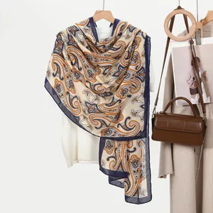 Women's paisley print scarf in navy blue and orange, large summer beach wrap shawl