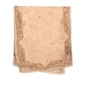 Large cotton linen scarf for women featuring vintage paisley print in beige and brown