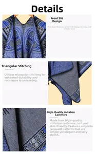 Detail of blue and grey jacquard shawl with triangular lockstitching and split front