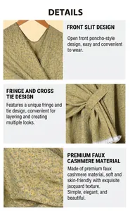 Detail eines gelb-grauen Jacquard-Ponchos mit Fransenbindung und vorderem Schlitzdesign